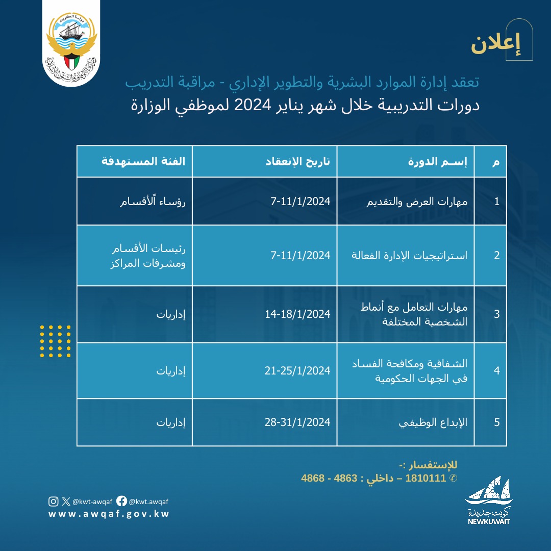 دورات تدريبيه خلال شهر يناير لموظفي الوزارة 