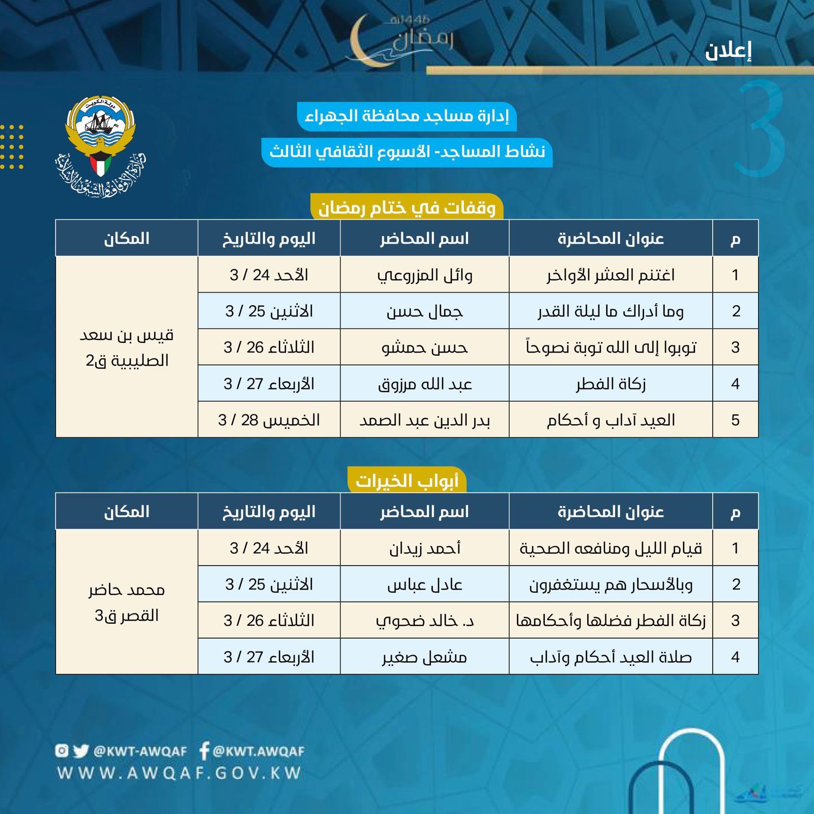 إدارة مساجد محافظة الجهراء نشاط المساجد- الأسبوع الثقافي الثالث